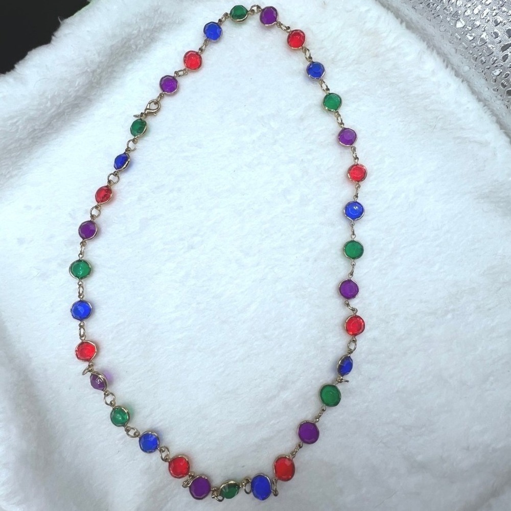 Vintage Open Bezel‎ Jewel Tone Necklace Faceted Stations Gold Tone 24"